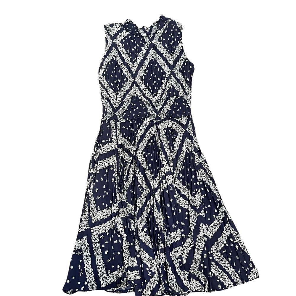 Nanette Lepore Navy White Geometric Floral Pleated Smocked Midi Dress Size 8